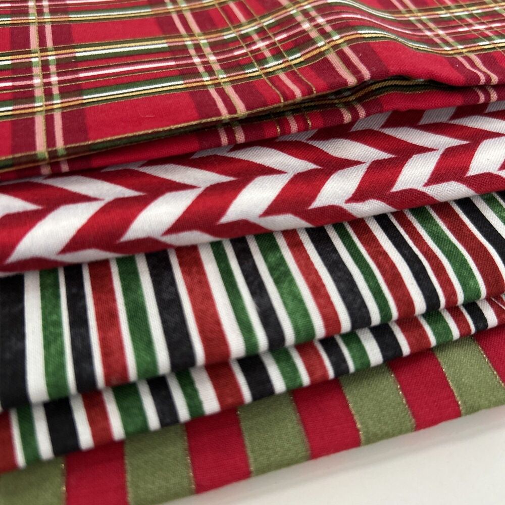 Cotton Quilting Fabric Bundle Christmas Holiday Plaid Stripes Lot 4 Pieces